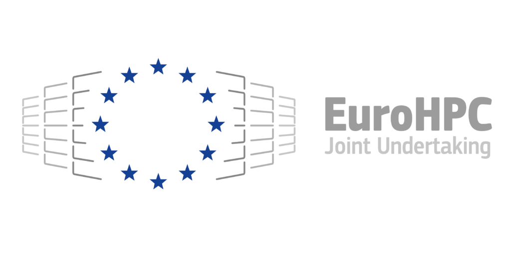 EuroHPC Joint Undertaking Logo: a circle of blue stars surrounded on left and right by stylized line drawings of server wracks