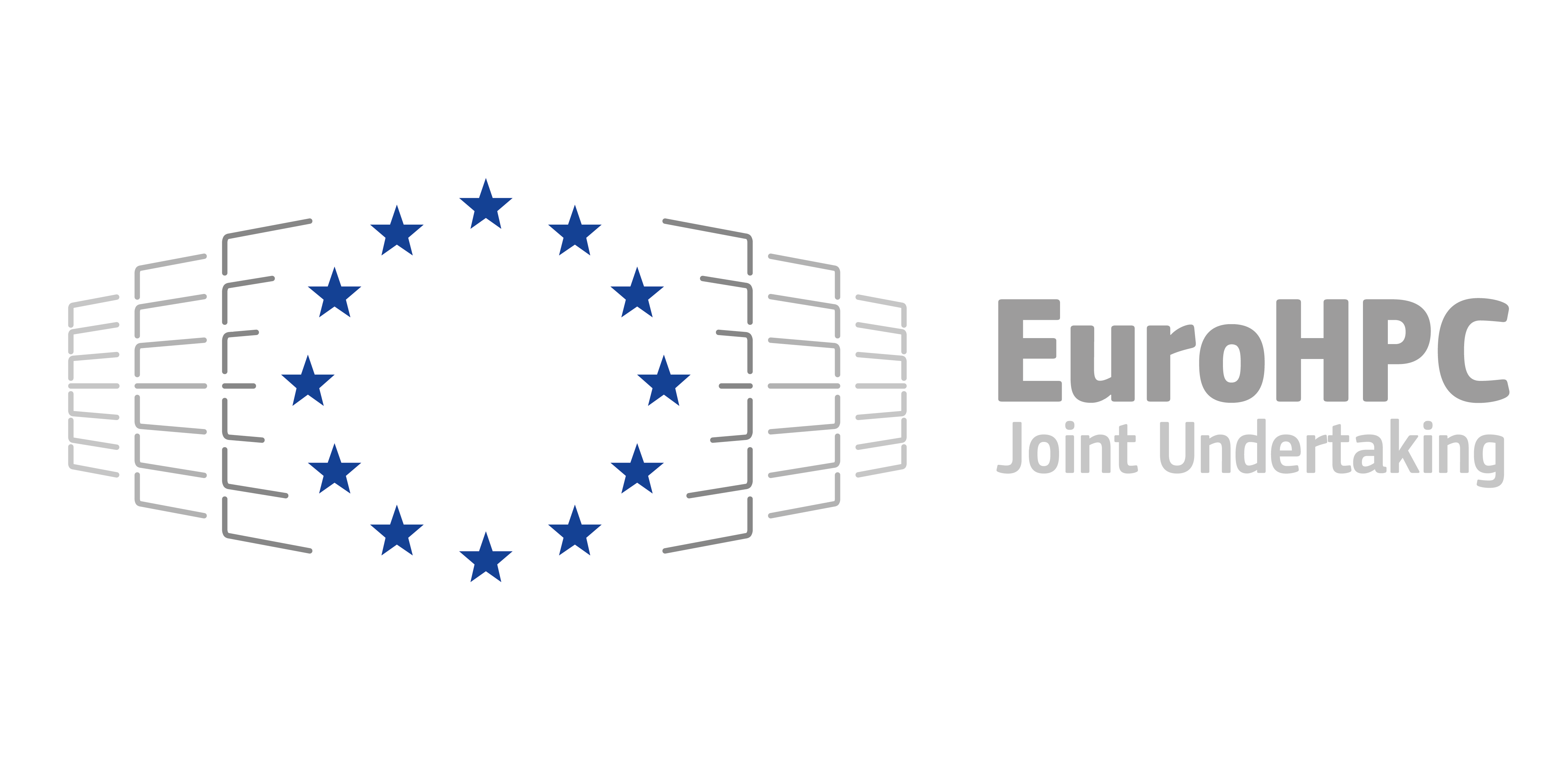 EuroHPC Joint Undertaking logo: a circle of blue stars surrounded on left and right by stylized line drawings of server wracks