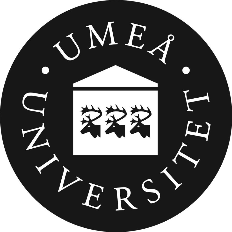 Black circle filled with text and shapes. The shapes are a white triangle on top of a white rectangle with 3 stag heads in black inside. the text wrapping the shapes is white and says 'Umea Universitat'