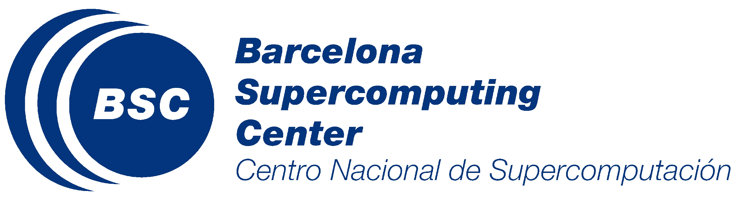 Letters BSC inside a blue circle with partial crescents of other circles behind it. To the right is the text 'Barcelona Supercomputing Center Centro Nacional de Supercomputation'