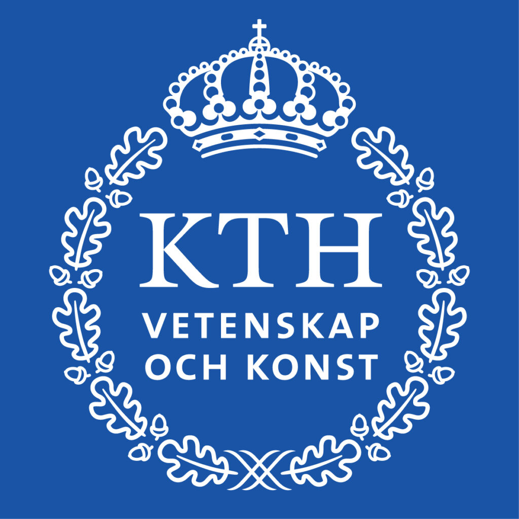 White letters 'KTH vetenskap och konst' on a blue background. The letters are inside a circle of oak leaves and acorns with a crown at the top of the circle.