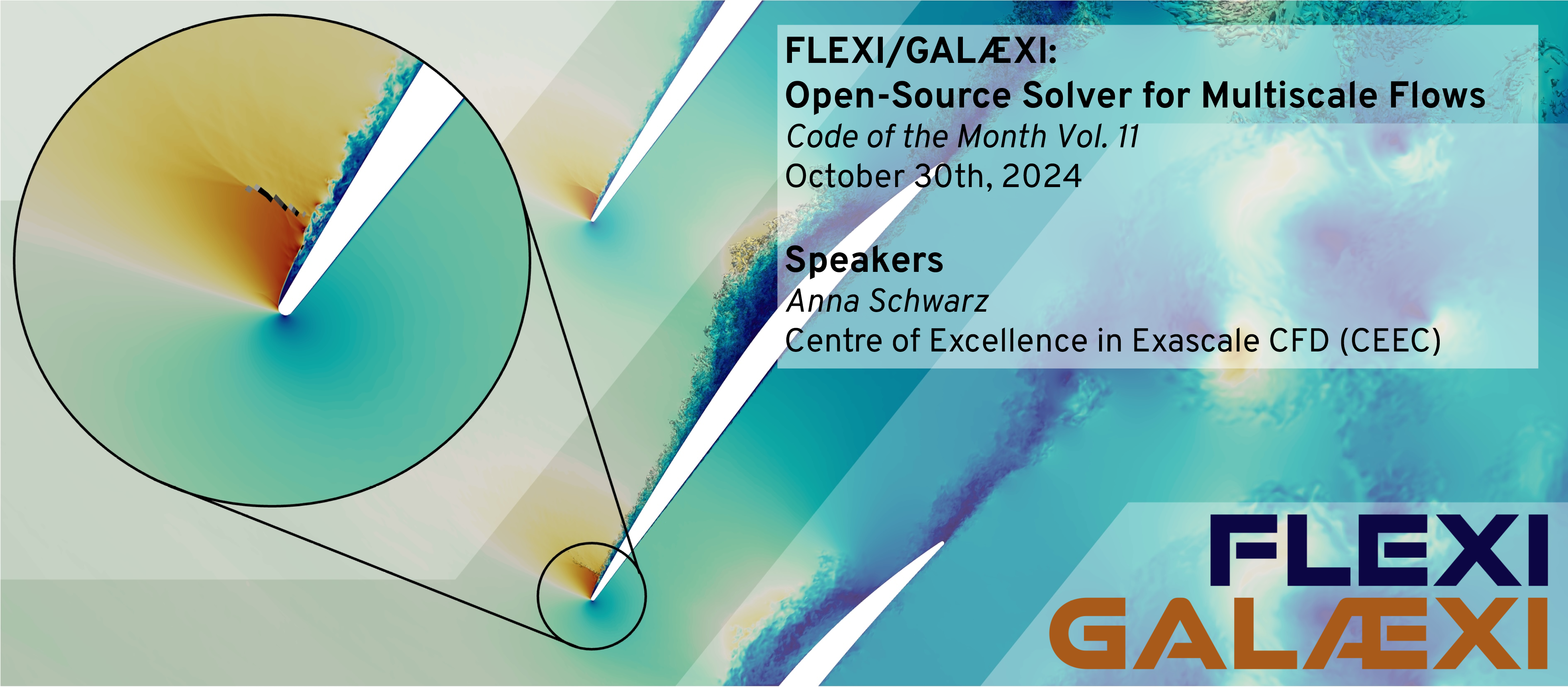 A promotional graphic for the CASTIEL code of the month "FLEXI/GALÆXI: Open-Source Solver for Multiscale Flows." The text includes "Code of the Month Vol. 11, October 30th, 2024" and "Speakers: Anna Schwarz, Centre of Excellence in Exascale CFD (CEEC)." The background features an abstract design with a large circle on the left, displaying a gradient of colors from blue to orange, suggesting multiscale flows. The bottom right corner displays the words "FLEXI GALÆXI" in bold letters.