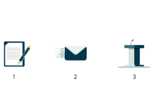 Three steps in a process, each represented by an icon and a number below it. 1. The first step is depicted by a clipboard with a piece of paper and a pen, suggesting writing or drafting. The number "1" is below this icon. 2. The second step is represented by an envelope with motion lines, indicating sending or delivering. The number "2" is below this icon. 3. The third step is illustrated by a podium with a microphone, symbolizing speaking or presenting. The number "3" is below this icon.