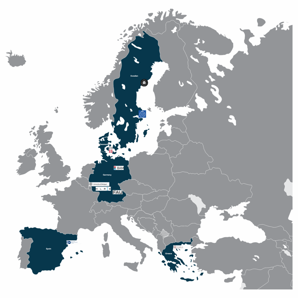 Map of Europe with Sweden, Denmark, Germany, Spain, and Greece highlighted in dark blue, while other countries are in grey. Logos of CEEC partner institutions are placed within the borders of the highlighted countries. The rest of Europe and surrounding regions are unmarked and in grey. Country names are labeled only for the highlighted countries.